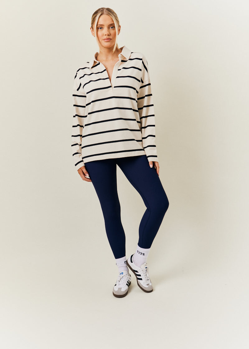 Cream & Black 90's Stripe Long Sleeve Rugby Shirt
