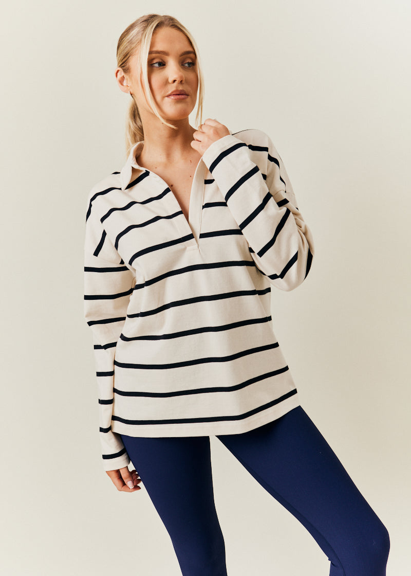 Cream & Black 90's Stripe Long Sleeve Rugby Shirt