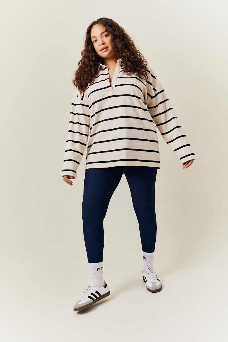 Cream & Black 90's Stripe Long Sleeve Rugby Shirt