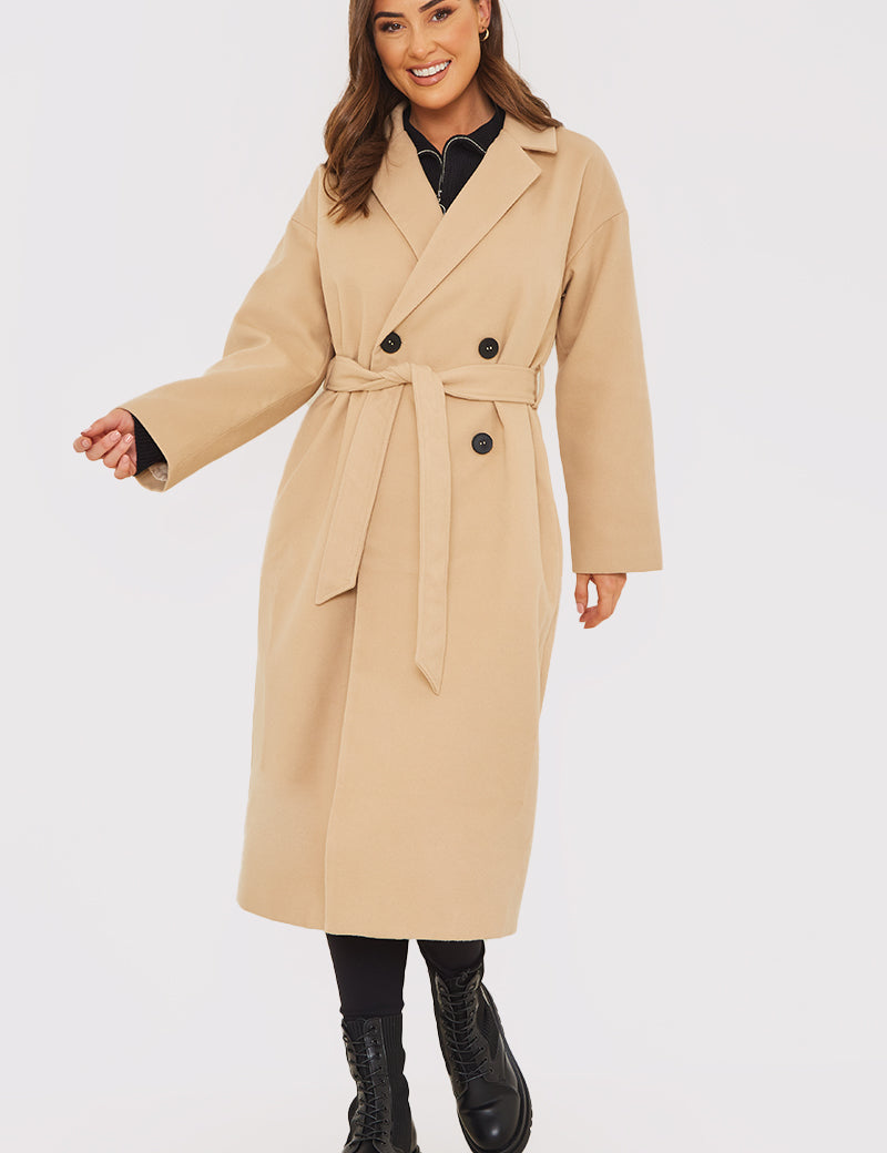 Faux Wool Belted Longline Coat