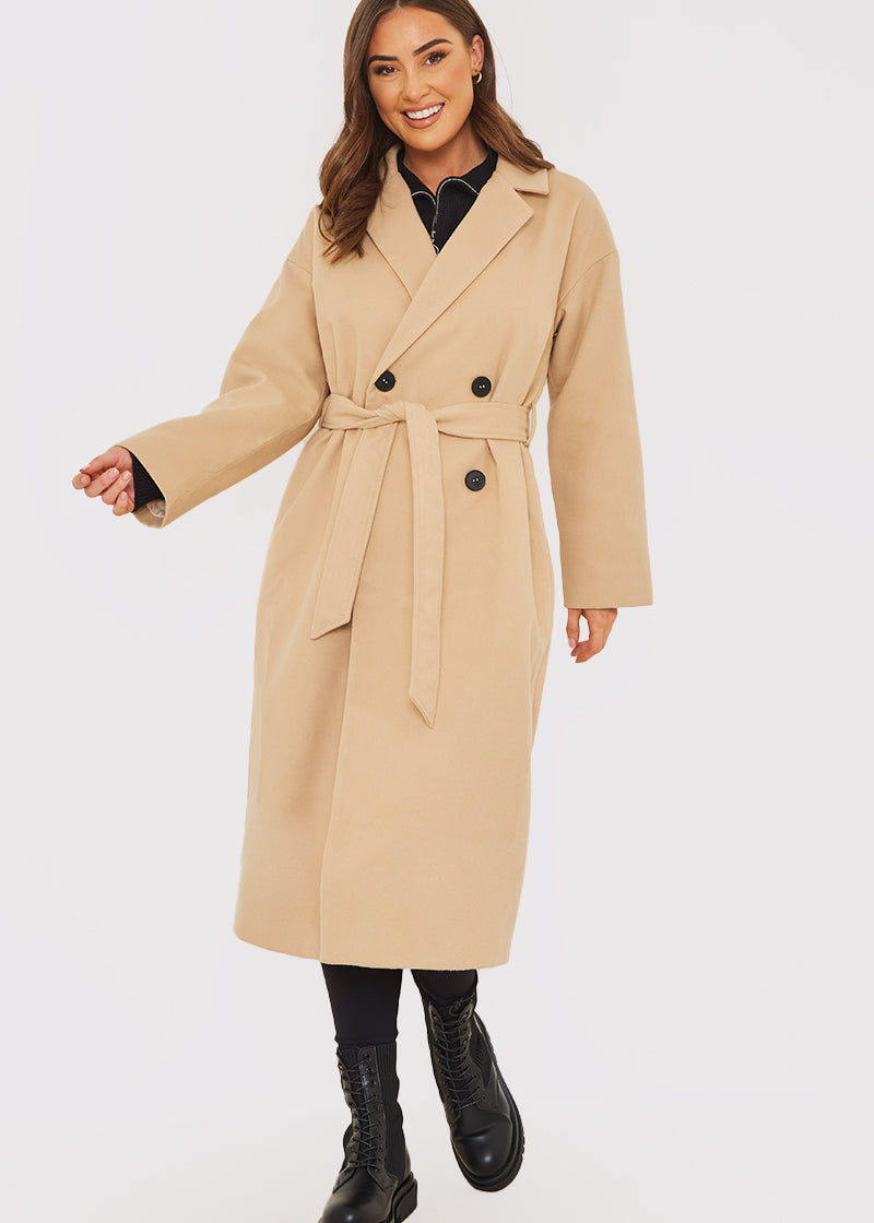 Faux Wool Belted Longline Coat