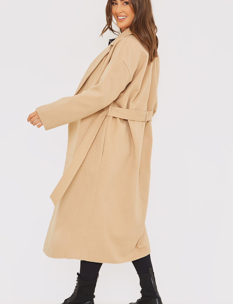 Faux Wool Belted Longline Coat