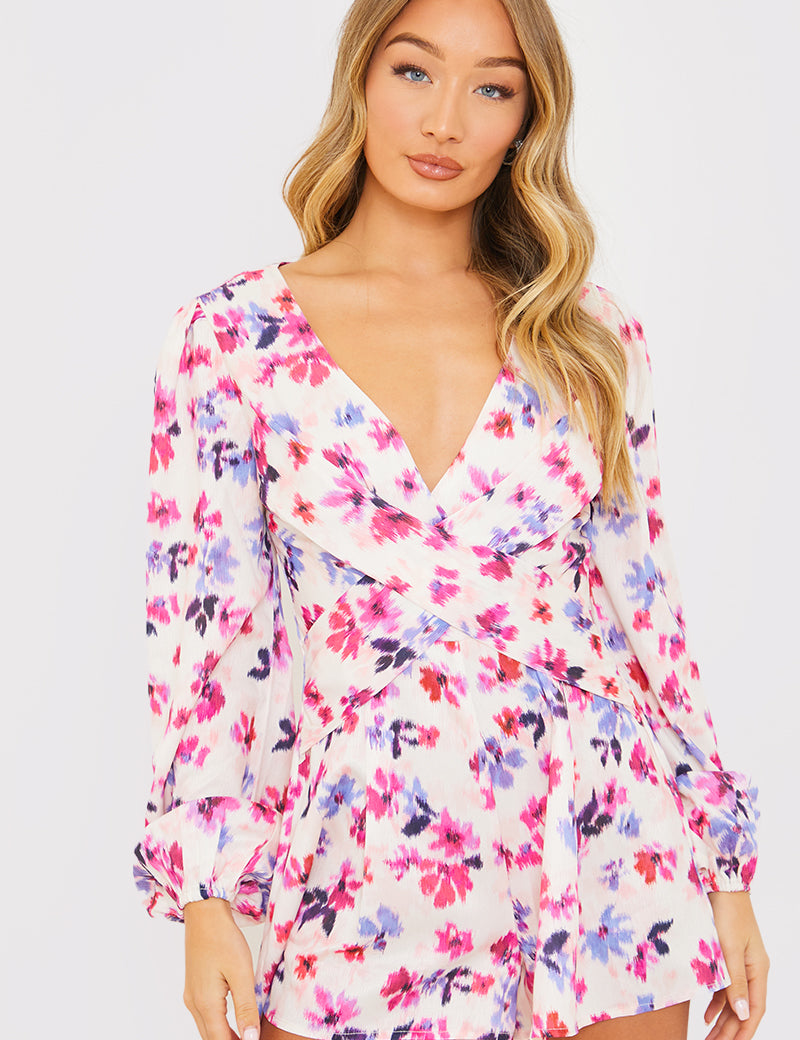 Floral Print Twist Front Balloon Sleeve Playsuit