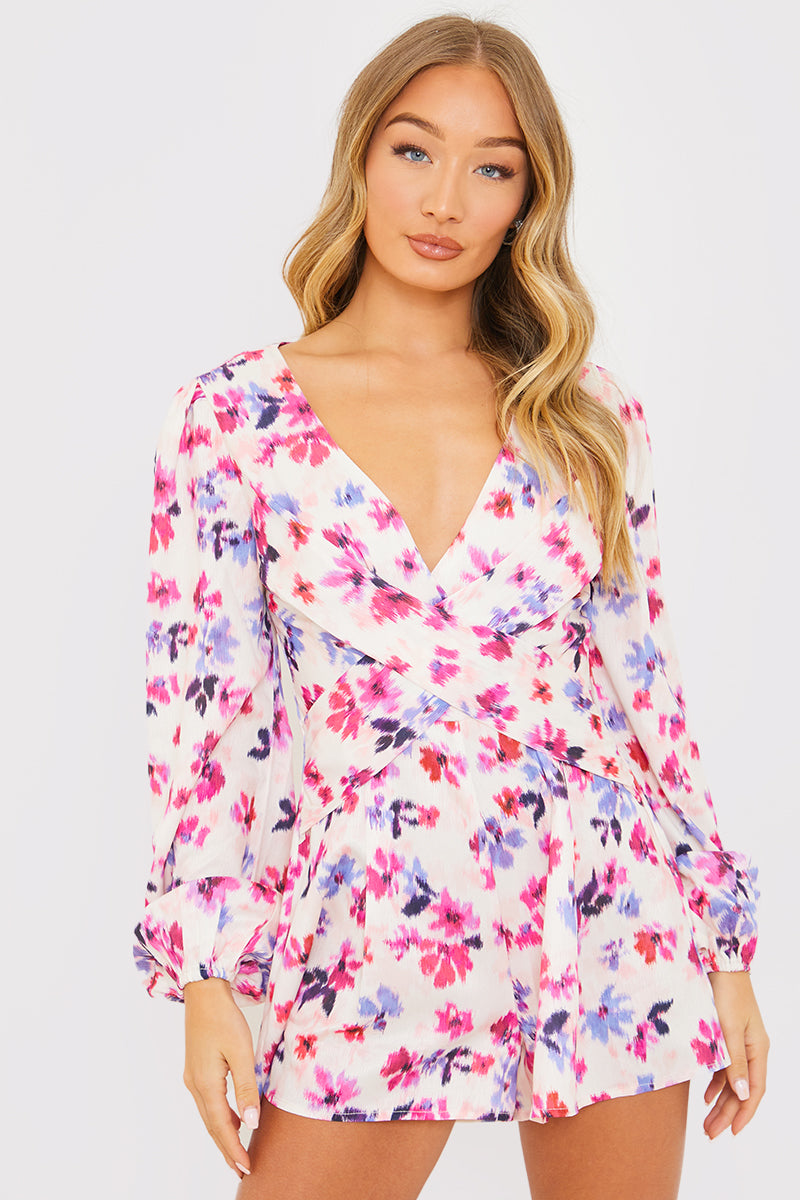 Floral Print Twist Front Balloon Sleeve Playsuit