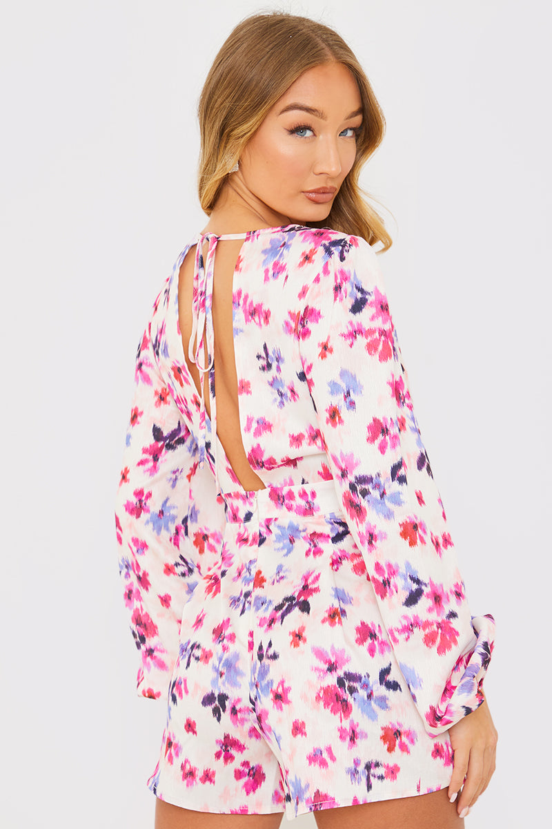 Floral Print Twist Front Balloon Sleeve Playsuit