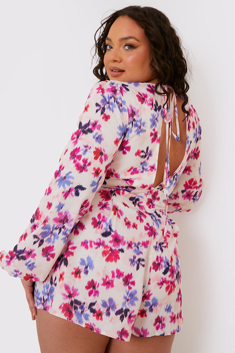 Floral Print Twist Front Balloon Sleeve Playsuit