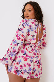 Floral Print Twist Front Balloon Sleeve Playsuit