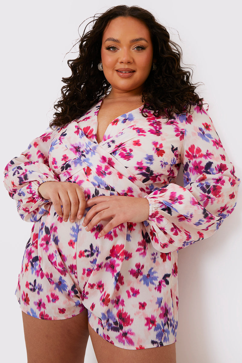 Floral Print Twist Front Balloon Sleeve Playsuit
