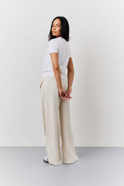 Stone Linen Blend Tailored Wide Leg Trouser
