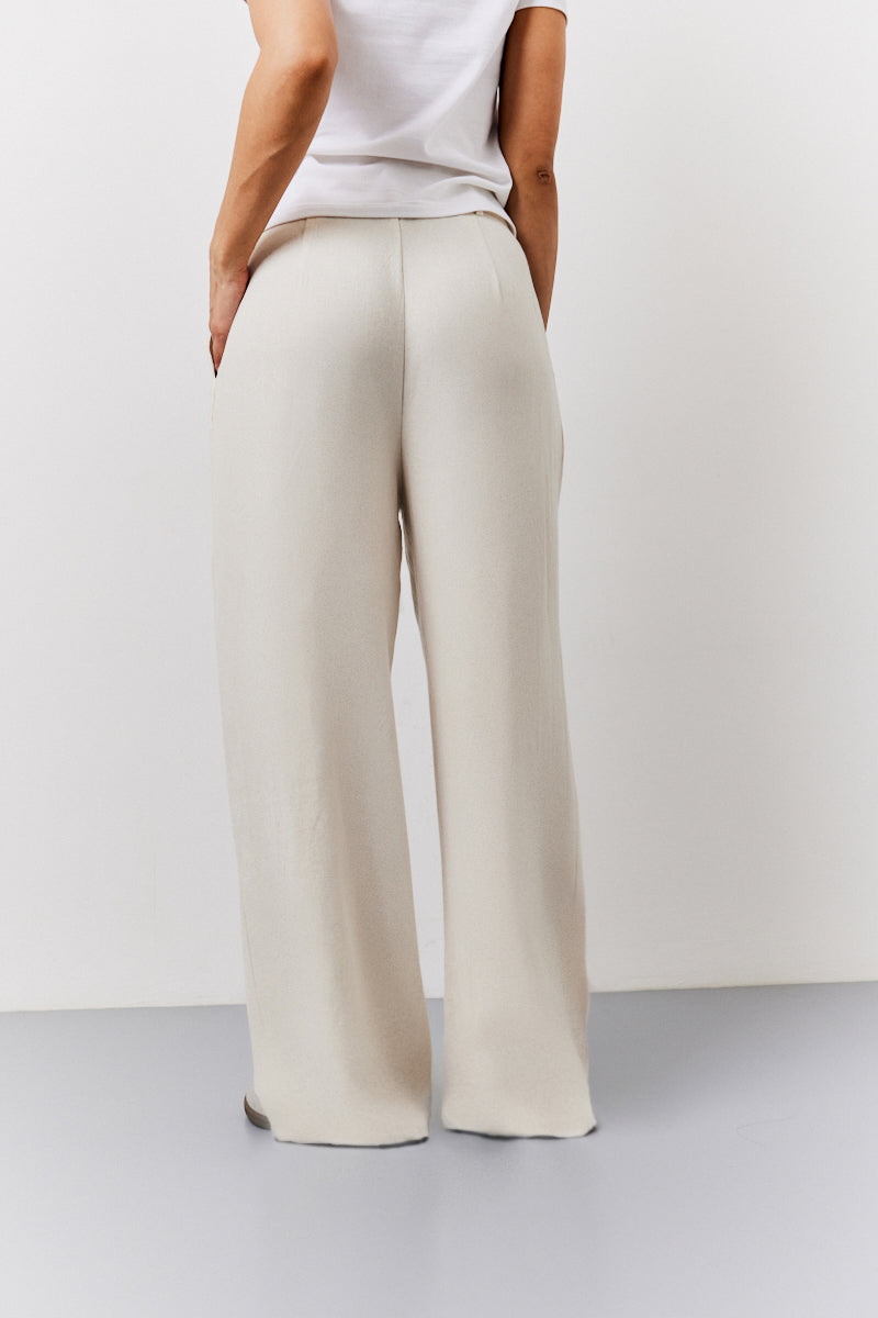 Stone Linen Blend Tailored Wide Leg Trouser