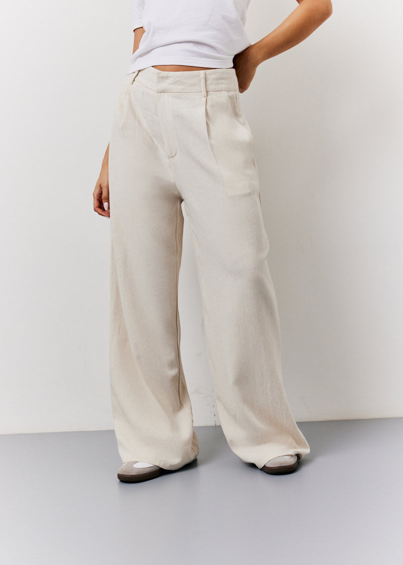 Stone Linen Blend Tailored Wide Leg Trouser