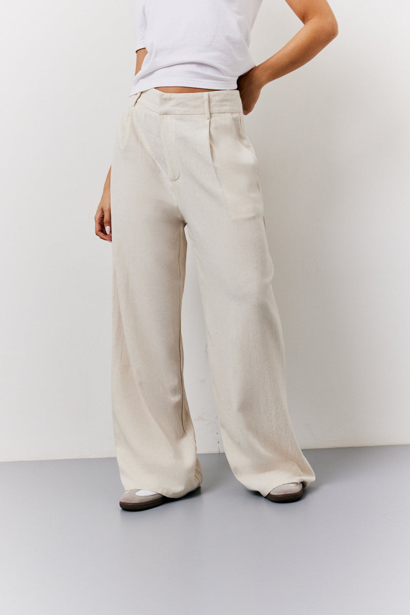 Stone Linen Blend Tailored Wide Leg Trouser