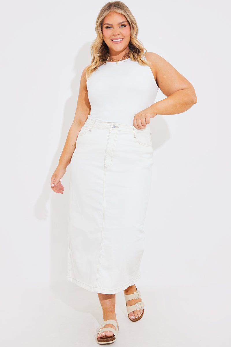 Ecru Denim Back Split Midi Skirt