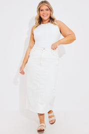 Ecru Denim Back Split Midi Skirt