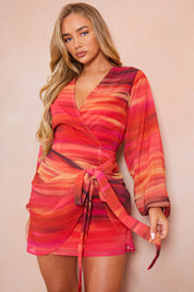 Chiffon Abstract Drape Wrap Mini Dress