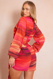 Chiffon Abstract Drape Wrap Mini Dress