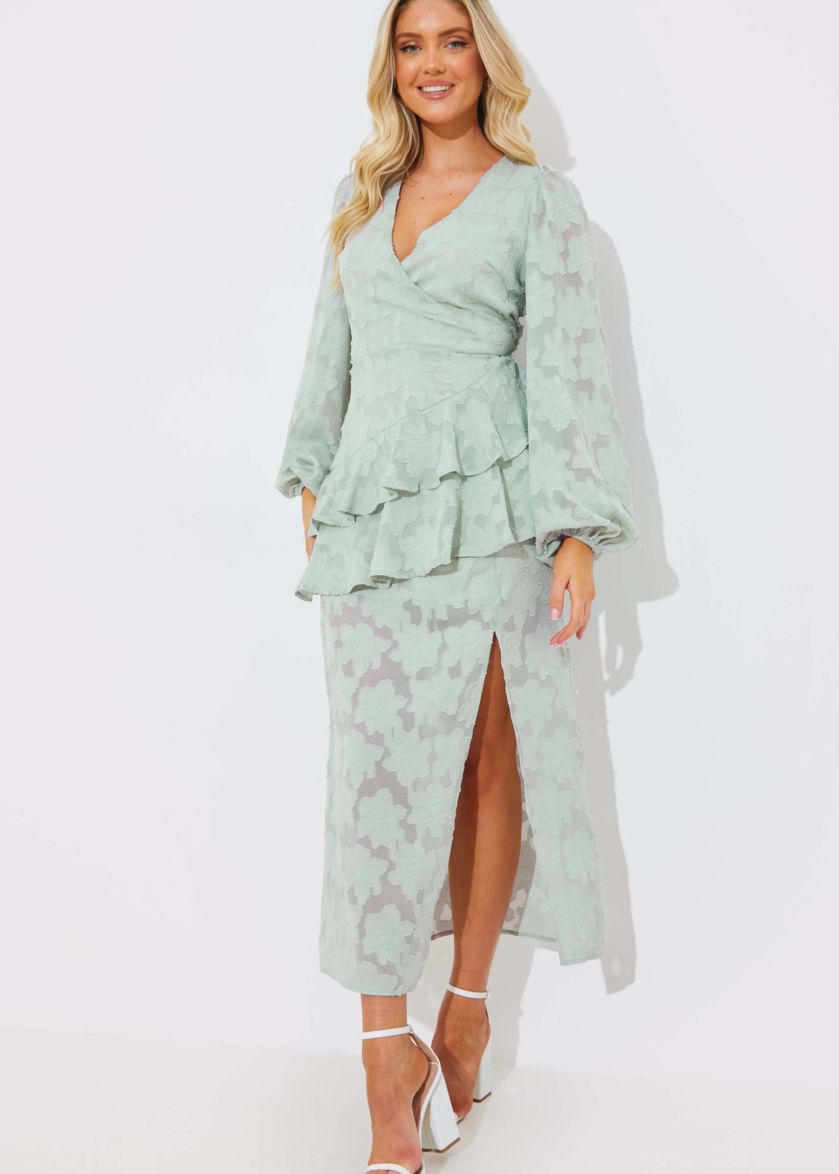Jacquard Asymmetric Frill Wrap Midaxi Dress