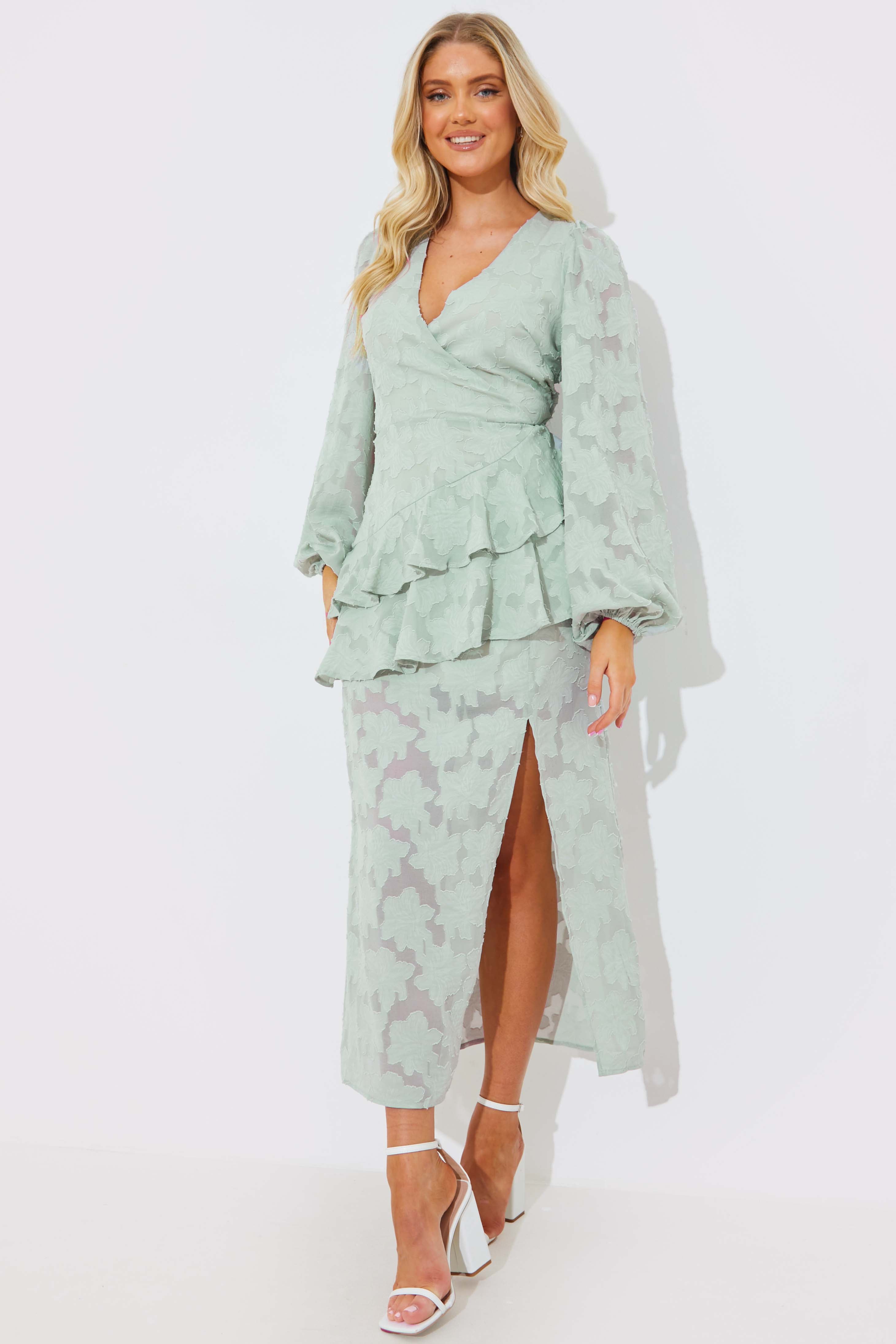 Jacquard Asymmetric Frill Wrap Midaxi Dress