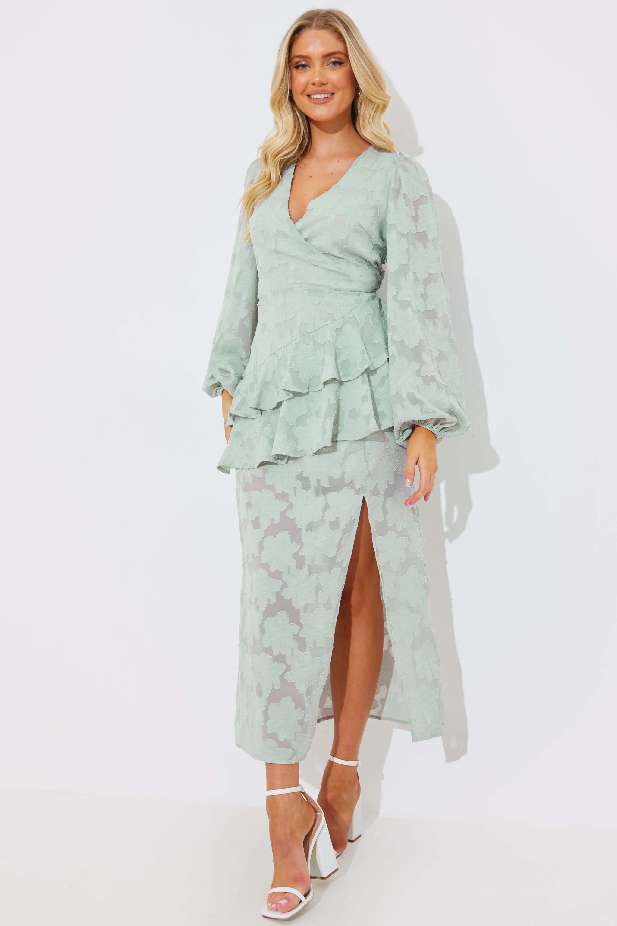 Jacquard Asymmetric Frill Wrap Midaxi Dress – InTheStyle