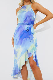  Racer Neck Abstract Print Satin Frill Belted Midaxi Dress