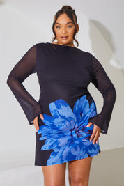 Mesh Floral Cowl Back Mini Dress