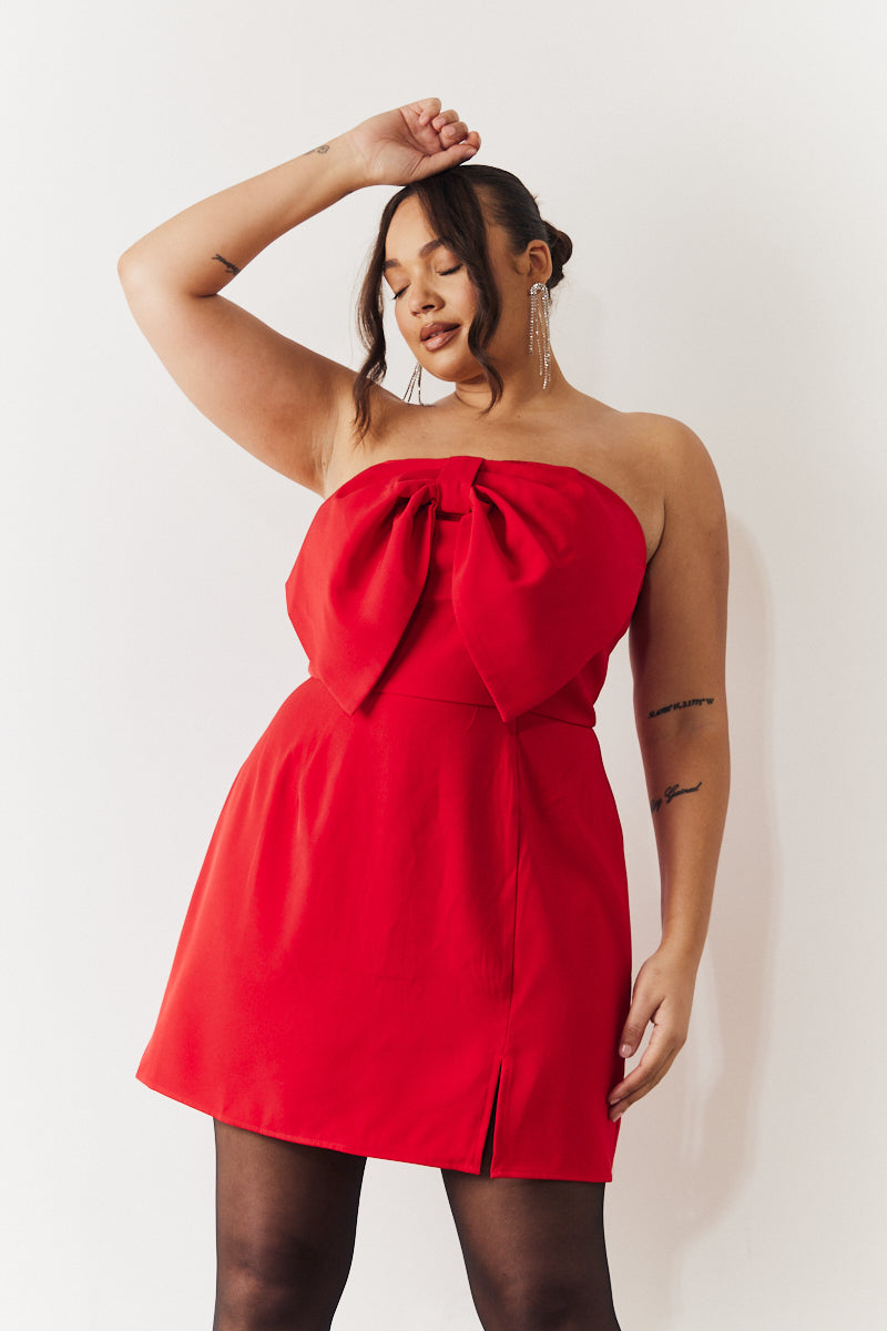 Red Bandeau Bow Front Split Hem Mini Dress InTheStyle Red Bandeau Bow Front Split Hem Mini Dress InTheStyle