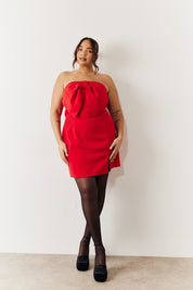 Red Bandeau Bow Front Split Hem Mini Dress