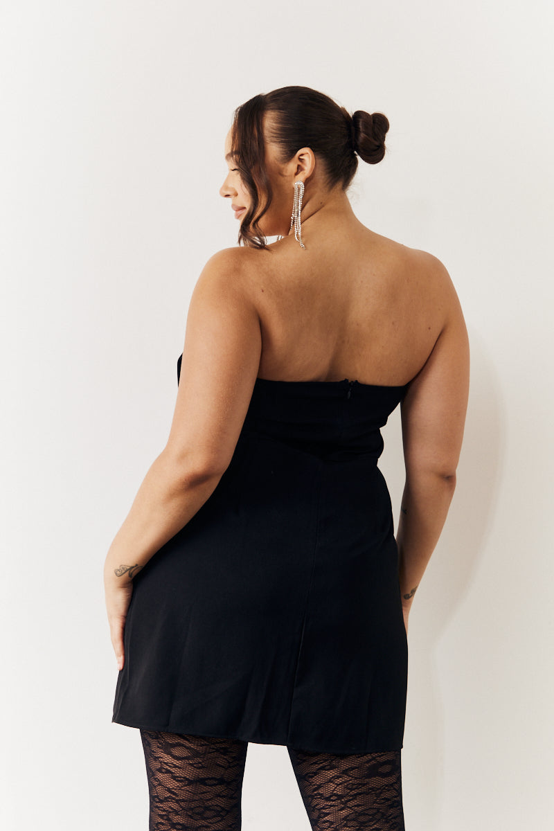 Black Bandeau Bow Front Split Hem Mini Dress
