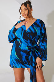 Chiffon Abstract Drape Wrap Mini Dress