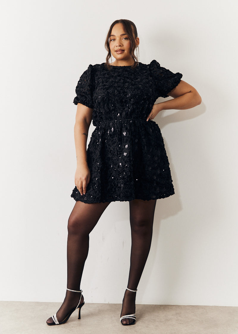 Black Sequin Floral Applique Fit and Flare Mini Dress