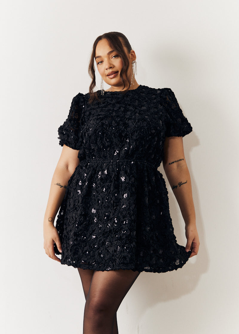 Black Sequin Floral Applique Fit and Flare Mini Dress