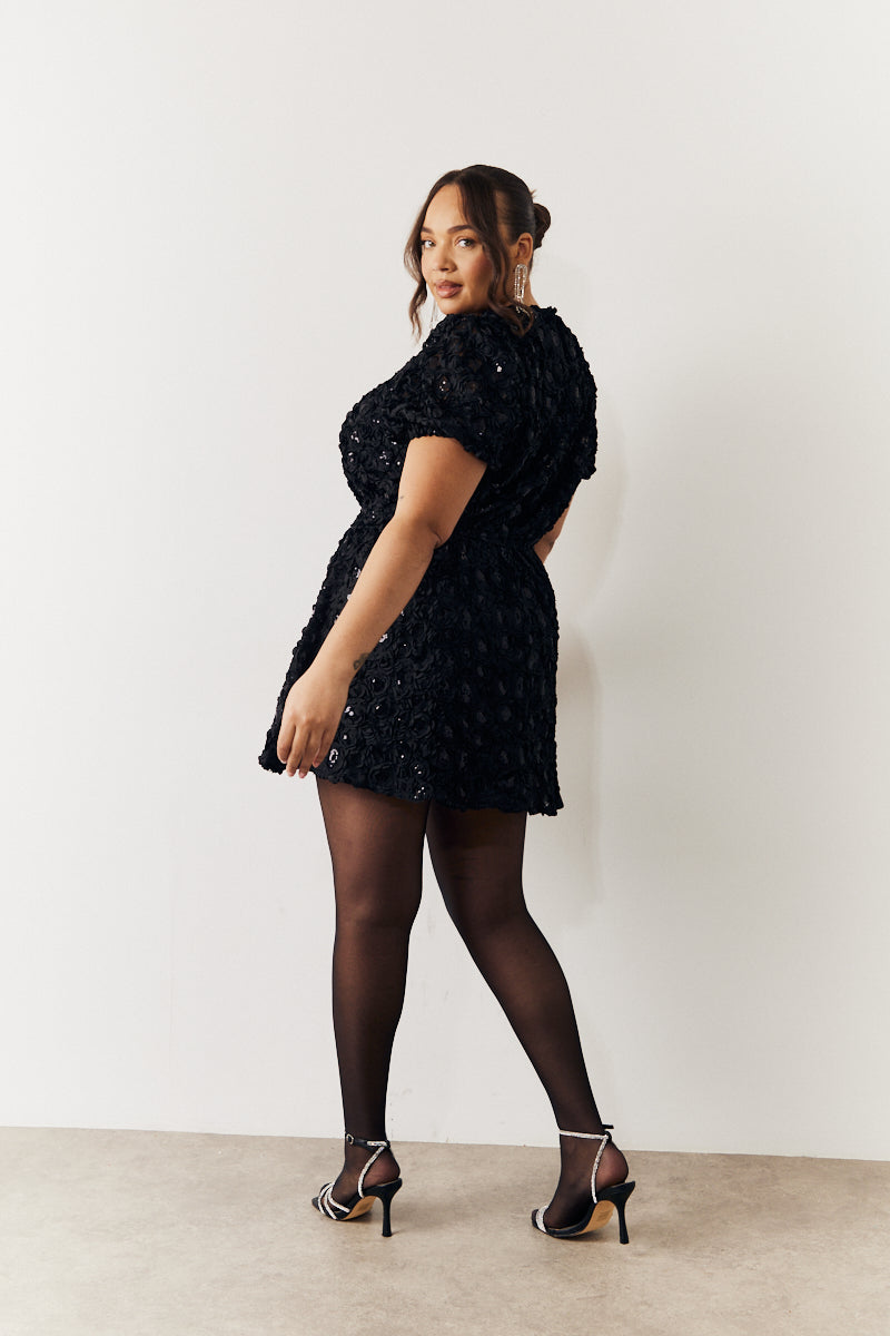 Black Sequin Floral Applique Fit and Flare Mini Dress InTheStyle Black Sequin Floral Applique Fit and Flare Mini Dress InTheStyle