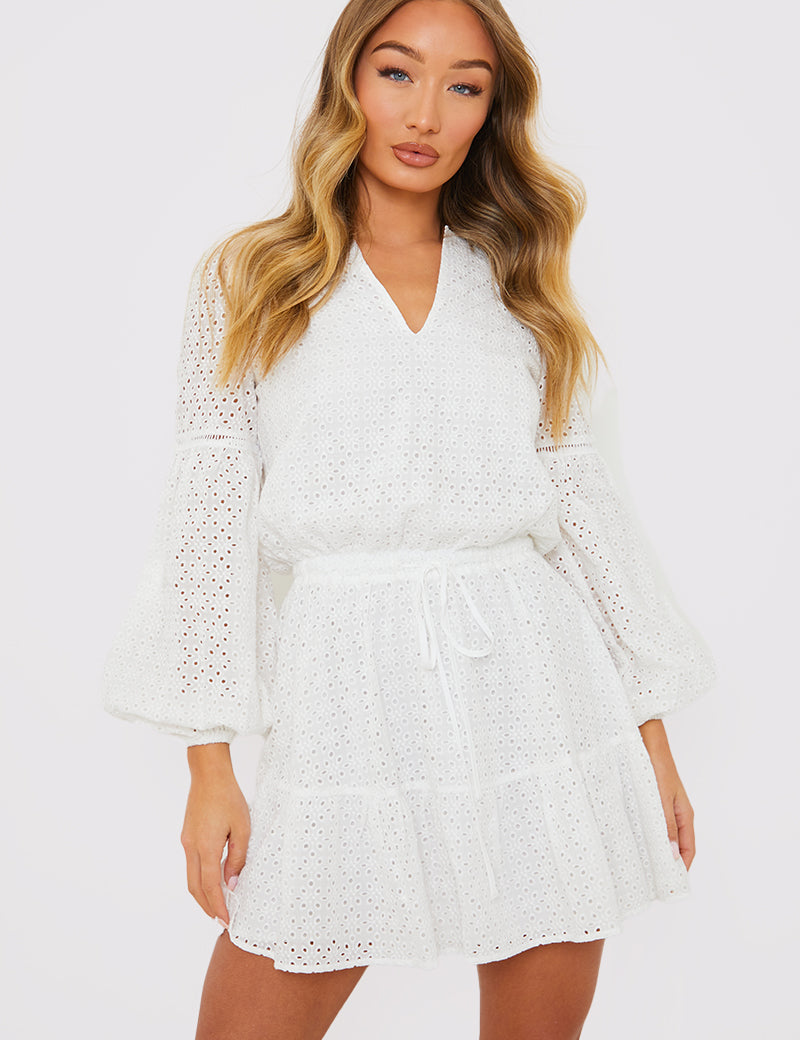 Broderie Balloon Sleeve Tiered Mini Dress