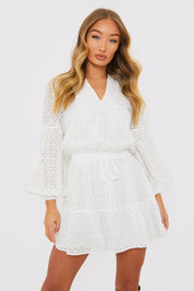 Broderie Balloon Sleeve Tiered Mini Dress