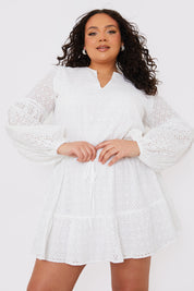 Broderie Balloon Sleeve Tiered Mini Dress