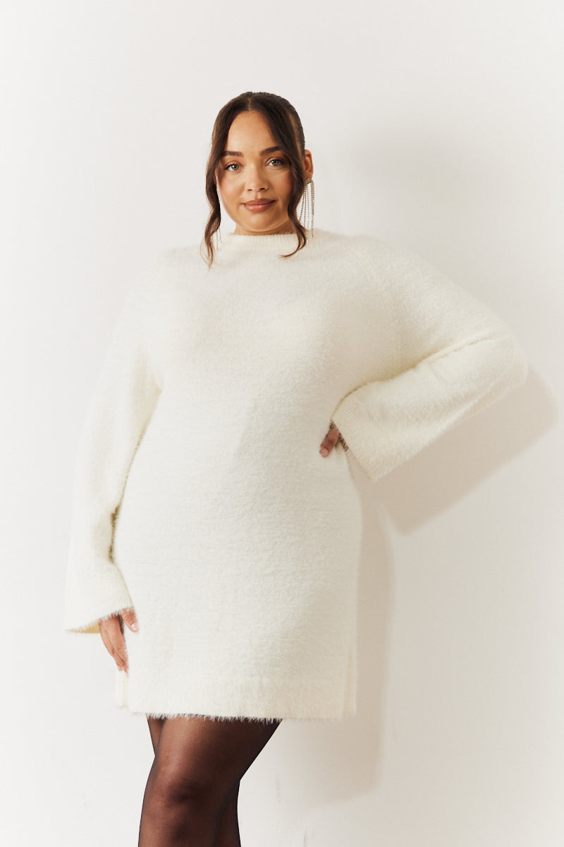 Cream Fluffy Bow Back Mini Dress