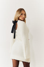 Cream Fluffy Bow Back Mini Dress