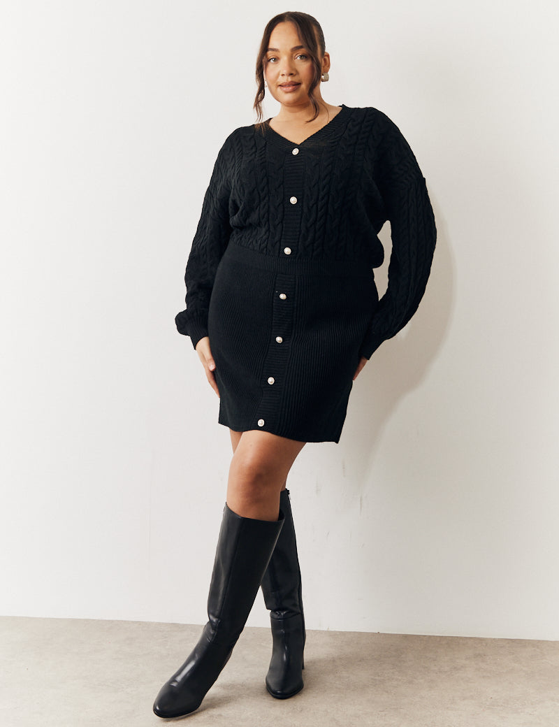 Cable Knitted Diamante Button Mini Dress