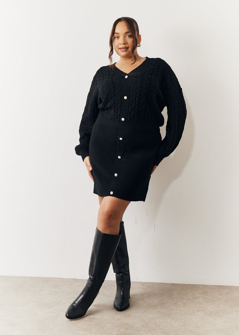 Cable Knitted Diamante Button Mini Dress