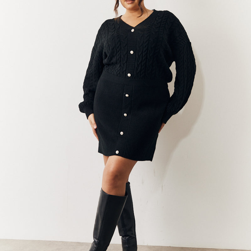 Cable Knitted Diamante Button Mini Dress