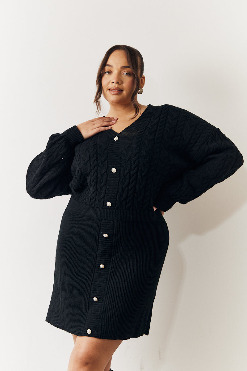 Cable Knitted Diamante Button Mini Dress