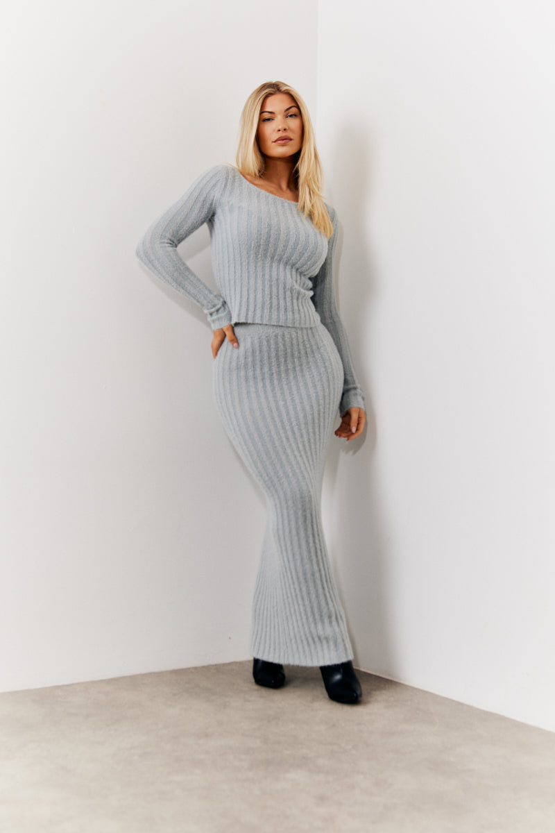 in the style In The Style Fluffy Rib Co-Ord Midaxi Skirt Grey