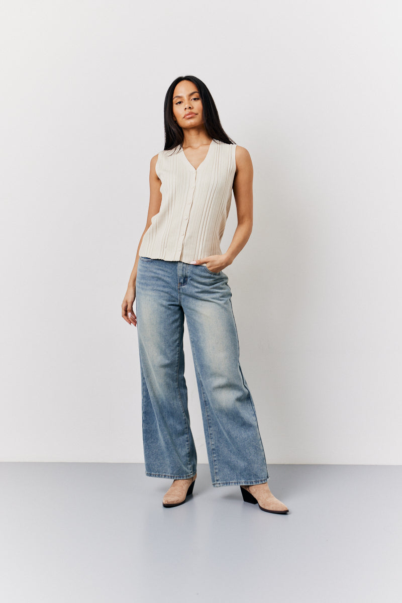 Ecru Ribbed Button Up Knitted Waistcoat