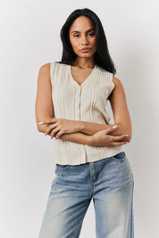 Ecru Ribbed Button Up Knitted Waistcoat