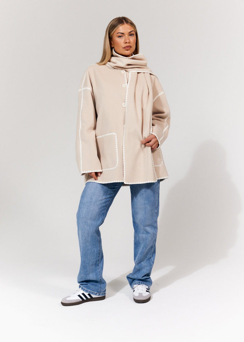 Scarf Detail Contrast Stitching Wool Blend Coat