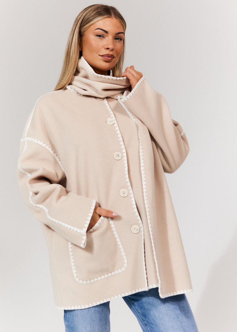 Scarf Detail Contrast Stitching Wool Blend Coat