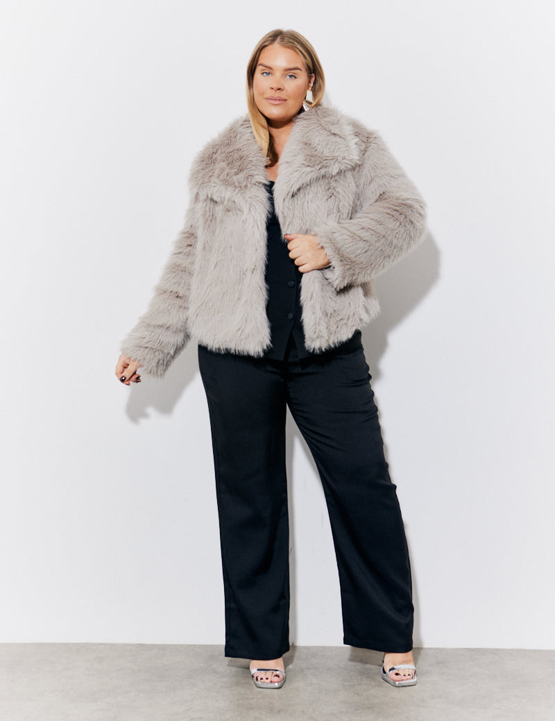 Grey Oversized Collared Faux Fur Coat