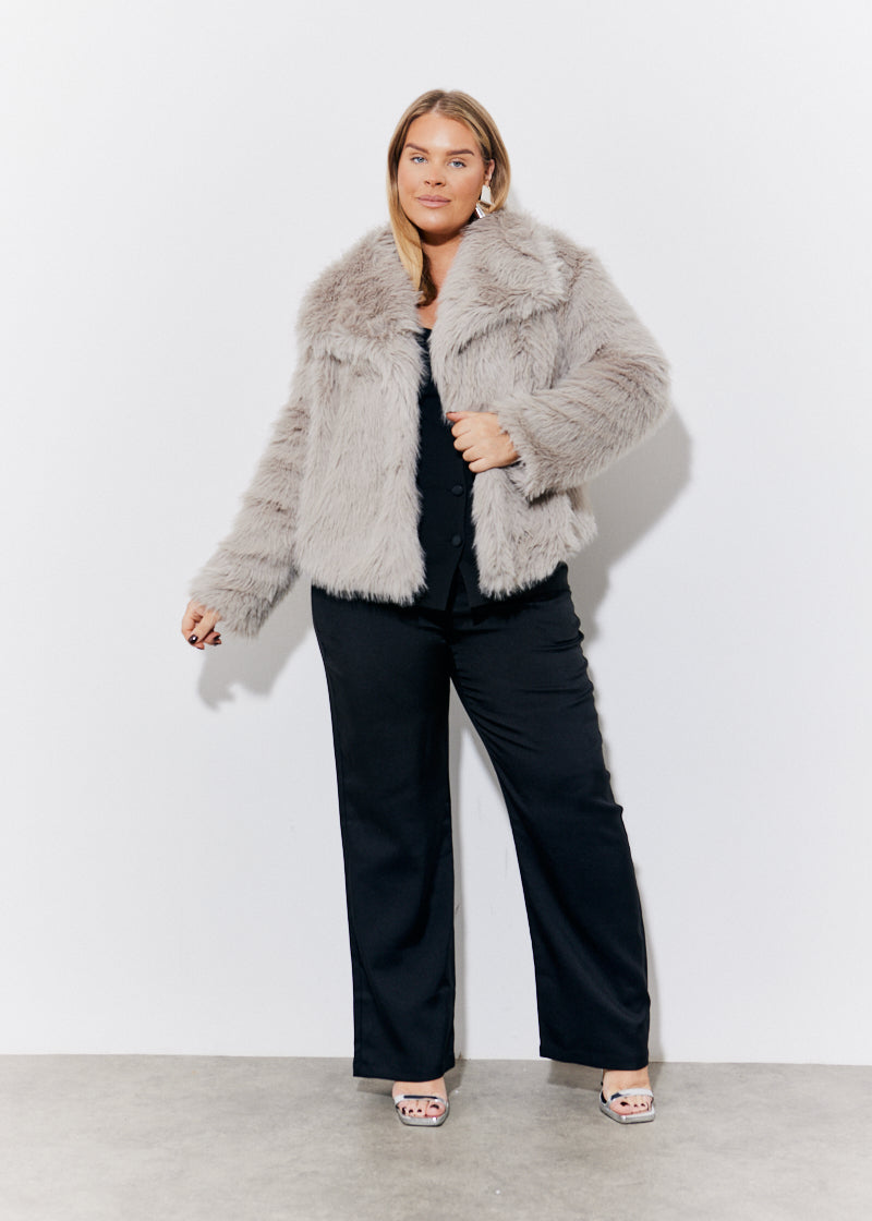 Grey Oversized Collared Faux Fur Coat