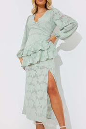 Assymetric Frill Wrap Midaxi Dress In Jacquard
