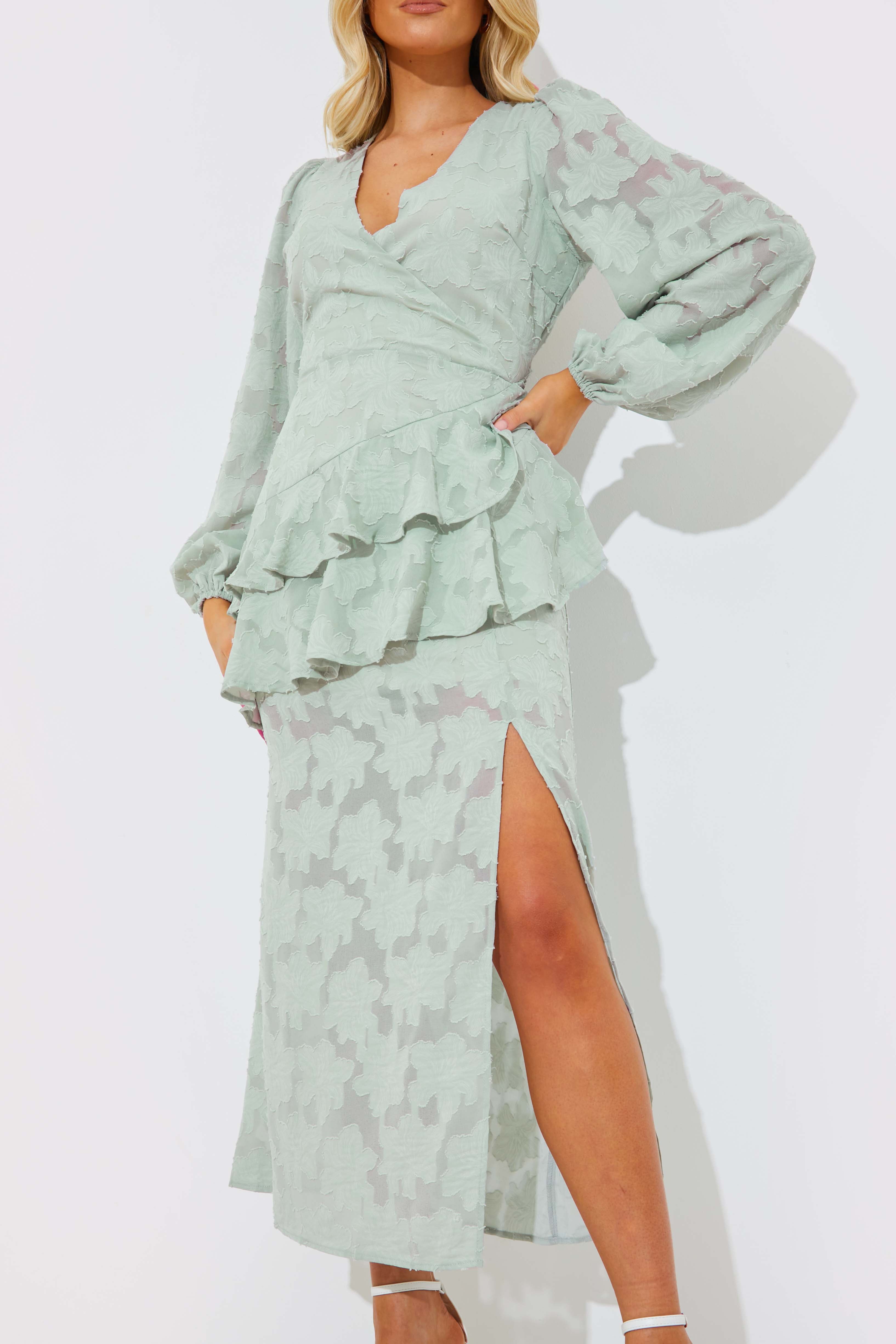 Assymetric Frill Wrap Midaxi Dress In Jacquard